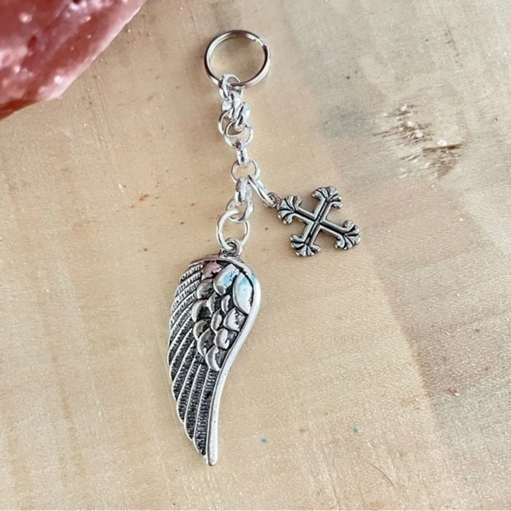 $10 SALE Handmade Cross & Angel Wing Keychain Mixed Metal